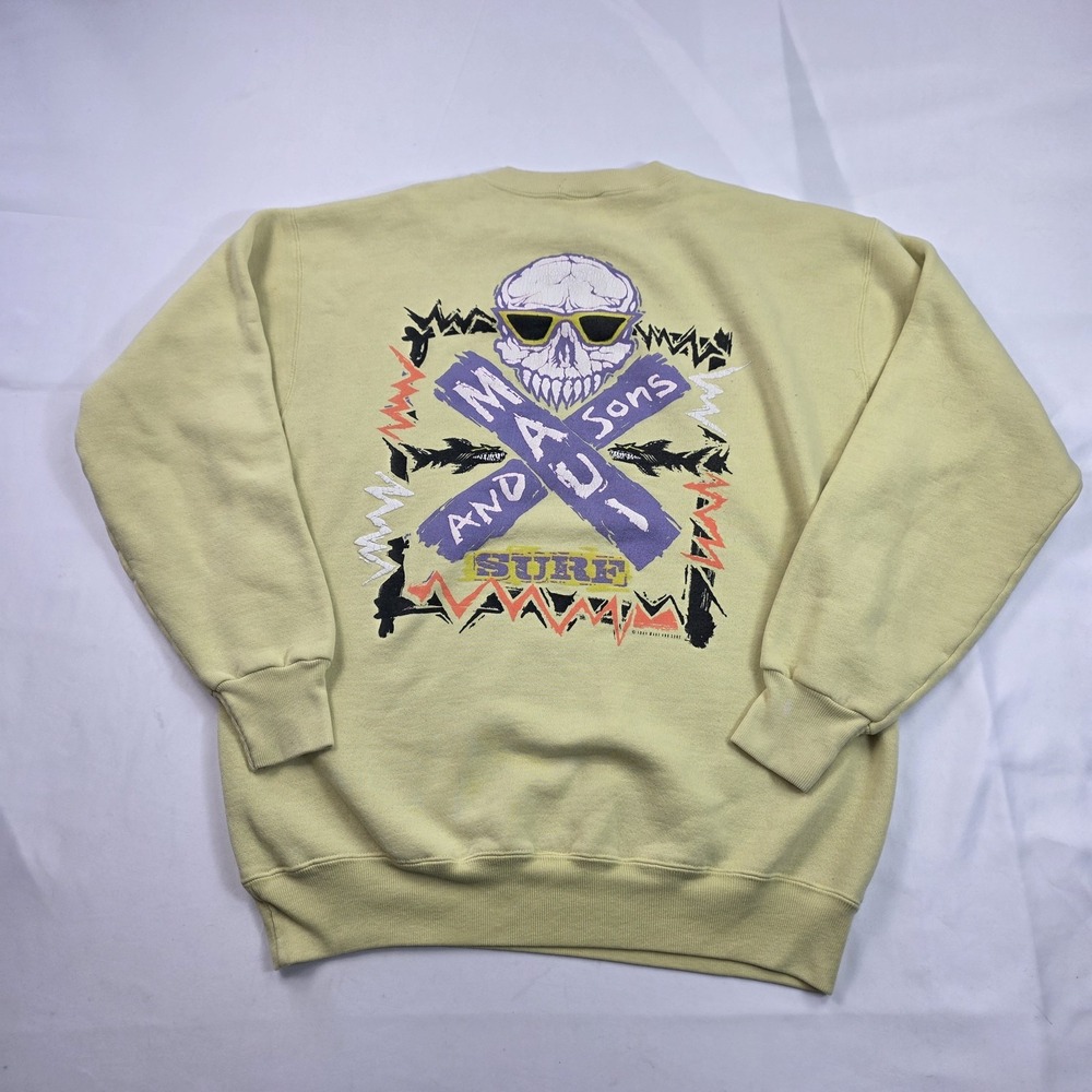Vintage Maui And Sons Sweatshirt Mens Large Yellow Surf Skull Graphic 80s